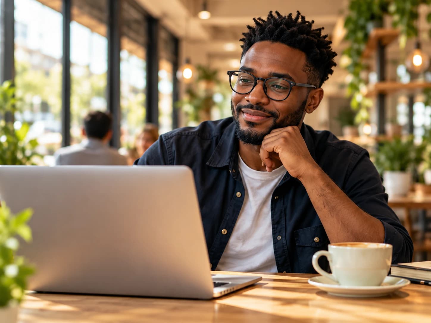 A job seeker smiling at his laptop in a café