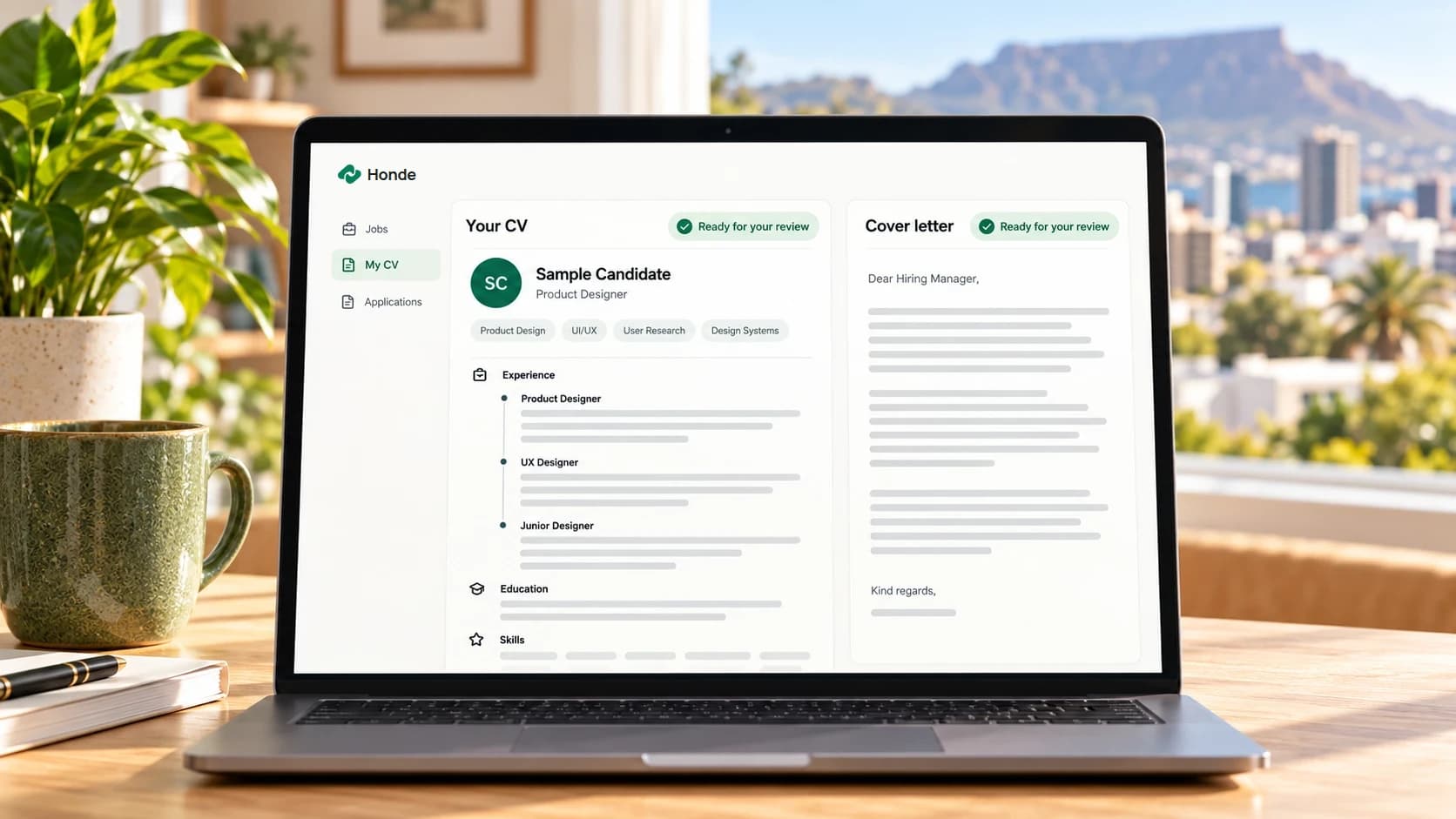 Honde on a laptop: a CV and a cover letter, both ready for review
