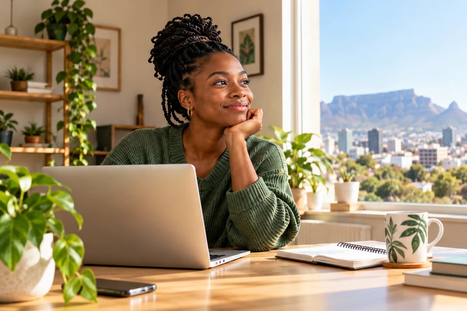 A job seeker at her laptop in a sunny Cape Town flat, Table Mountain behind her